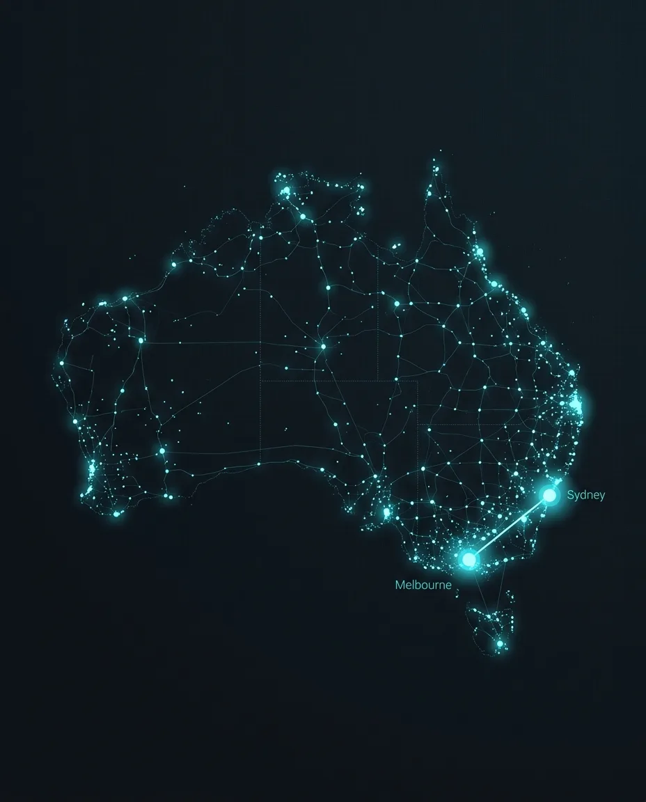 Australia rendered as a network of cyan data points, with Sydney and Melbourne lit and linked — patient data hosted in Australia across two regions.